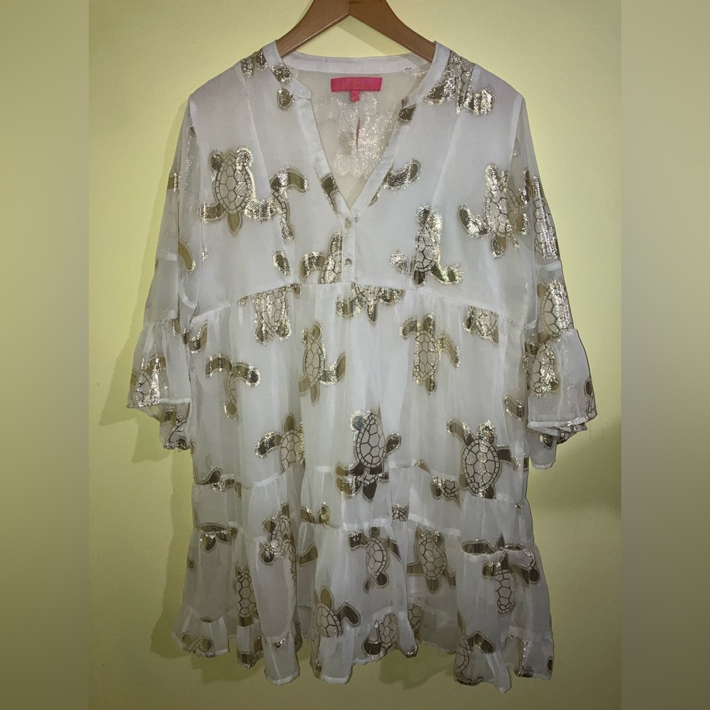 Simply Southern NEW Turtle Gold Sequin chiffon Baby Doll Tiered Full Dress L NWT - Picture 2 of 8